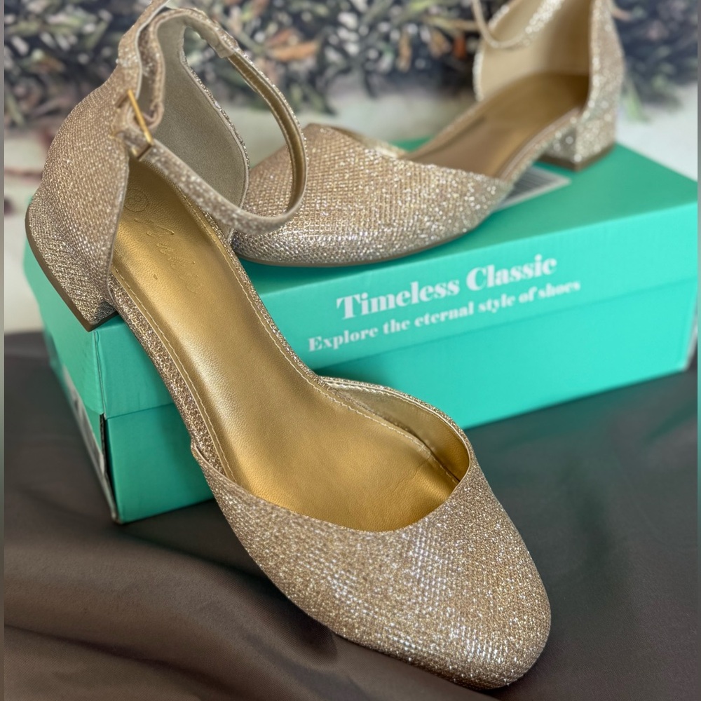 CLEARANCE Gold Glitter Flats with Ankle Strap and Rounded Toe